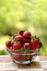 strawberry in bowl close up vertical photo with copy space on green grass background