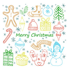 Colorful sticker set. Snowman, mittens, cupcake, Christmas tree, New Year's toys, cookie, hat, skates, gift, snowflakes, sweet cane. Concept Holidays. Hand drawn vector illustration in doodle style.