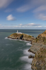 South Stack Lighthouse near Holyhead Anglesey in North Wales, long exposure showing the Irish Sea