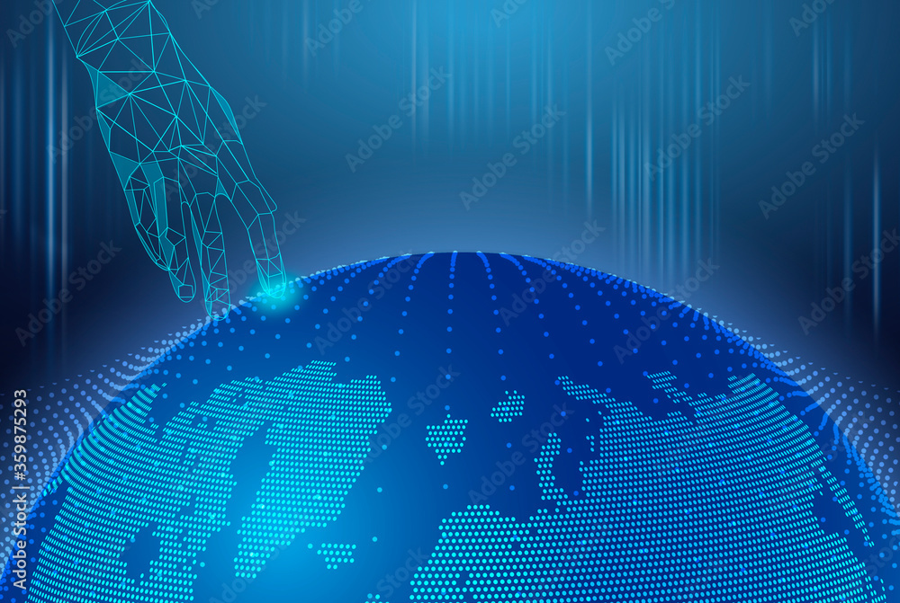 Poster Global Digital Network. Polygonal hand touching virtual 3d globe, abstract background