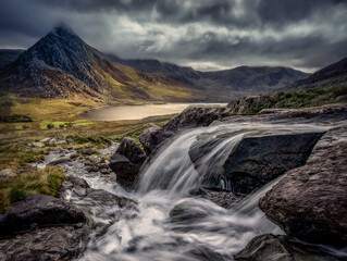 Snowdonia North Wales mountains and Waterfalls. Tryfan mountain in the Ogwen Valley, view from the waterfalls looking back to Ogwen Lake. 