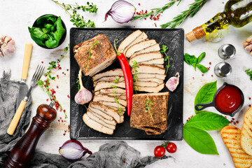 Salted lard with pepper and garlic. Ukrainian traditional food. Top view. Rustic style.