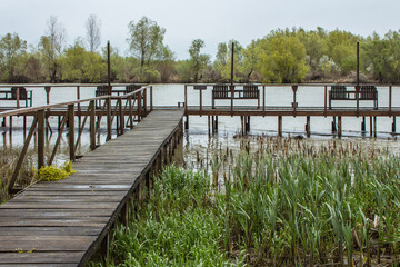 Naklejka premium Wooden pier on the Danube in Vylkove. Ukraine