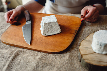 Valencay cheese on a wooden the board. French goat's milk cheese is covered with blue moldy crust. cheese composition. Place for text.