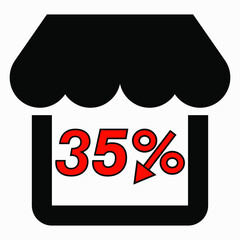 Shop 35% discount. The store building and the percentage discount is red. Price drop. Sale at the supermarket. Vector icon