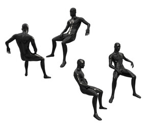 Fototapeta na wymiar Male plastic black mannequin for clothes in a sitting pose. Front, back, side view. Shop window decoration. Set of 3d illustrations isolated on white background.
