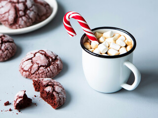 White coffee mug with marshmallow, candy cane and red velvet crinckled cookies.