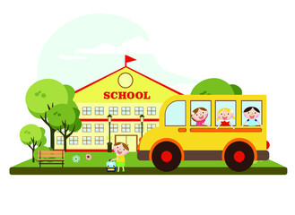 school with children and bus, vector illustration