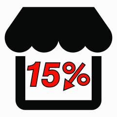 Shop 15% discount. The store building and the percentage discount is red. Price drop. Sale at the supermarket. Vector icon