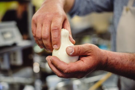 Italian hard cheese silano or caciocavallo in cheesemaker hands. The home-made cheese maker produces handmade caciocavallo.  tradition, italy, mozzarella.The process of making mozzarella. Film noise.