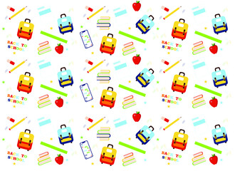 school supplies, books, backpack, pencil, ruler, apple, vector pattern