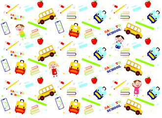 school supplies, books, backpack, bus, pencil, ruler, apple, vector pattern