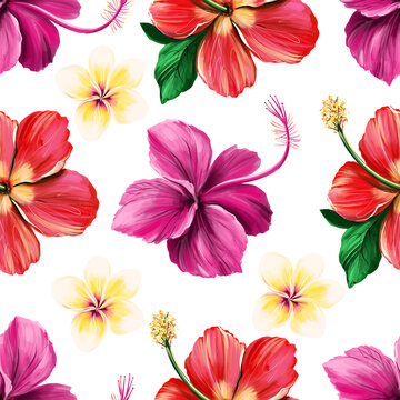 Floral digital pattern with Hibiscus and tpopic flowers on white background. Seamless summer tropical fabric design. Hand drawn illustration