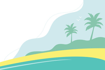 Fototapeta na wymiar Seascape with palm trees in the background. Background for your scenes. Cute vector illustration in flat style.
