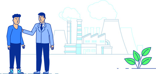 you can see a man holding his hand on another's shoulder and leading a dialogue, on a white background we see the factory working and emitting carbon dioxide,ilustration.