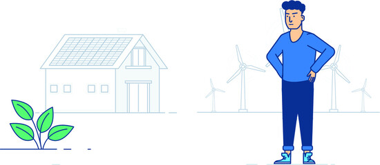 the man is sitting with his hands on his hips,in the background you can see a private house and wind turbines,illustration.
