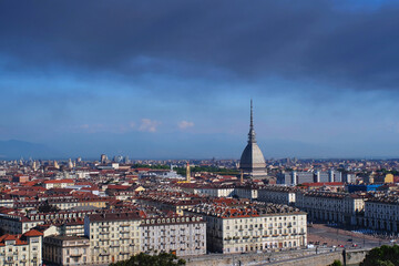 Fototapeta na wymiar Turin landscape Mole antinelliana with smoke