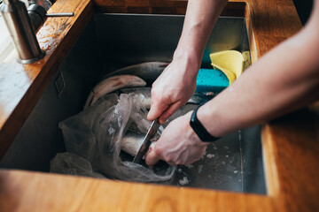 Chef cleans fish in a sink in a restaurant kitchen - Mediterranean cuisine - tourist season