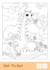 Colorless vector contour dot-to-dot illustration in a frame with a giraffe in a woodland. Wild animals, mammals and herbivores preschool kids coloring book illustrations and developmental activity.