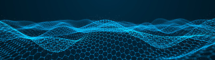 Abstract dynamic wave of points and lines. Hexagon. Big data. Network of particles. Digital background. 3d rendering.