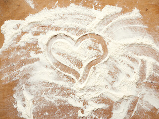 sprinkled white wheat flour on a brown wooden background