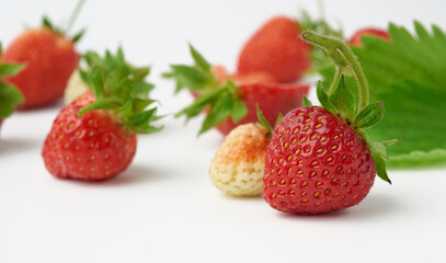 ripe red juicy strawberries lies on a green leaf on a white background