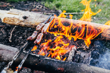 Bright flames from the fire - fried sausages on a stick over a fire - camping food in the forest
