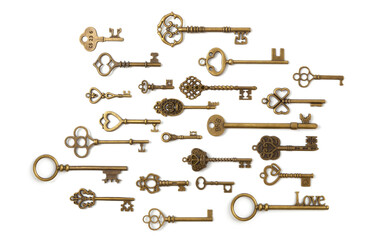 Vintage Keys Collection Isolated On White Background