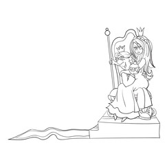 groom holds the bride on her lap and they are sitting on a throne in crowns and with a scepter, sketch, cartoon illustration, isolated object on a white background, vector illustration,