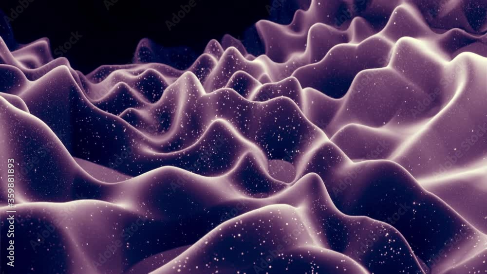 Poster abstract waves of soft black matte material with light inner glow and glitters on morphing surface. 