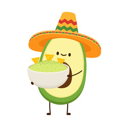 Avocado in Mexican hat. Nacho dip in bowl. Nacho vector. Avocado dip. Avocado character design.