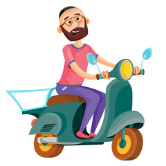 man with a beard and glasses riding a scooter, isolated object on a white background, vector illustration,