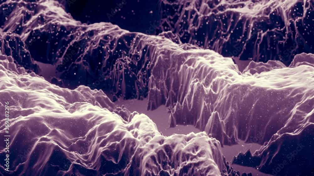 Poster abstract waves of soft black matte material with light inner glow and glitters on morphing surface. 