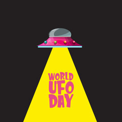 world ufo day greeting card or print with flying Saucer . Cartoon Flying Saucer