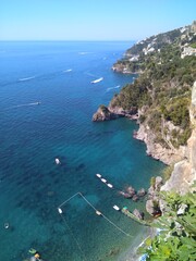 Scenic landscape of the Amalfi coast in Italy. View from the top to the beach.