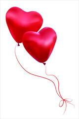 Two hearts isolated on a white background. A pair of balloons in the shape of hearts fly up. Their ropes are tied with a bow. 3D. Vector. EPS10