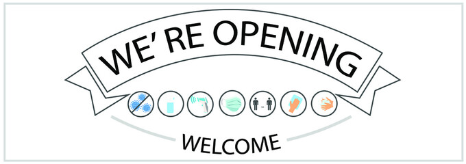 REOPENING text and practical prevention tips for the prevention of COVID19 coronavirus contamination. Service, restaurant, shop and cafe re-opening. Template: door sign, banner, blog.