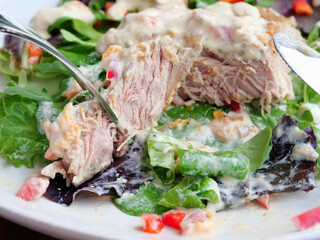 Pork chops with sour cream sauce on a bed of greens partially eaten