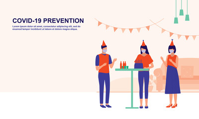 Group Of People With Face Mask Celebrating Birthday. Social Distancing. Full Length. Flat Design.