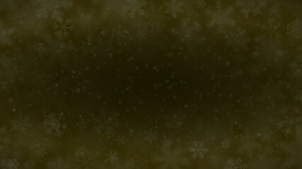 Fototapeta na wymiar Christmas background of snowflakes of different shapes, sizes, blur and transparency in dark yellow colors