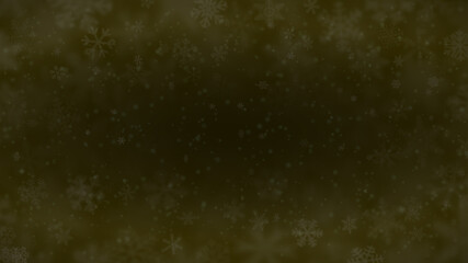 Christmas background of snowflakes of different shapes, sizes, blur and transparency in dark yellow colors