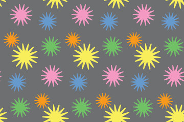 Seamless pattern with abstract flowers. Fantasy print for clothes, web, greeting cards, gift wrap and design. Gray, yellow, blue, orange, pink and green colors. Celebration style. Jpg file