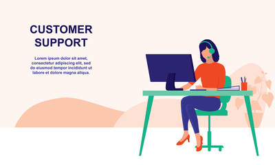One Female Customer Service Representative With Headset Using A Computer. Full Length. Flat Design.