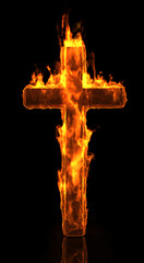 Burning in the fire Christian cross on a black background. 3 D illustration.