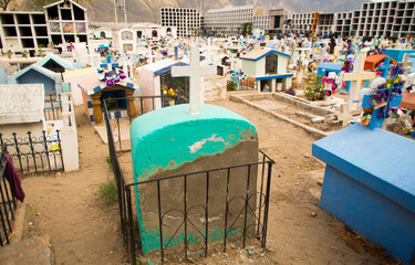 QUITO, ECUADOR- MAY 23, 2017: View of cemetery San Antonio de Pichincha, showing typical catholic graves with large gravestones