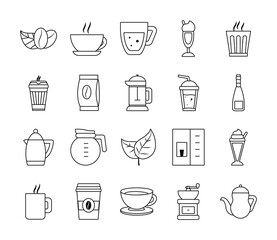 leaves and coffee drinks icon set, line style