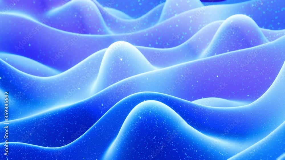 Poster abstract waves of soft blue matte material with light inner glow and glitters on morphing surface. a