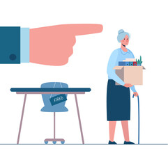 Retirement. Fired old person leaves the office with a box in his hands. Woman without work. Vector, flat. Dismissed employee, unemployment. Job loss due to crisis, robotics, economic decline.