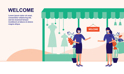 Female Saleswoman With Face Mask Standing In Welcoming Gesture. Reopening For Business After The Post-Coronavirus Pandemic. Full Length. Flat Design.