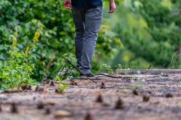 Closeup of Feet of Millennial Guy in a Park, Spending Some Quality Leisure Time in Park on Countryside, Pine Cones Covering Ground, Free Space for Text